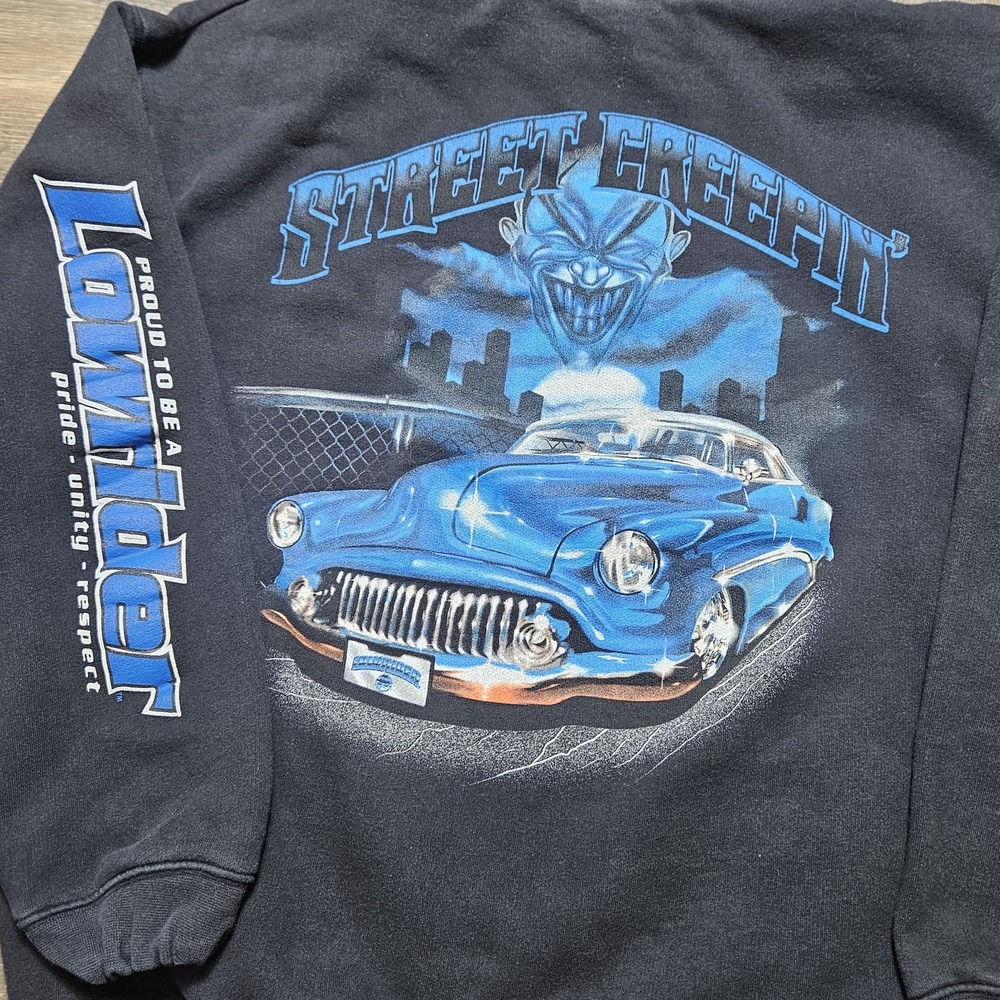 VTG Y2K Lowrider Magazine Street Creepin Hoodie Sweatshirt Sz L Black Car Clown